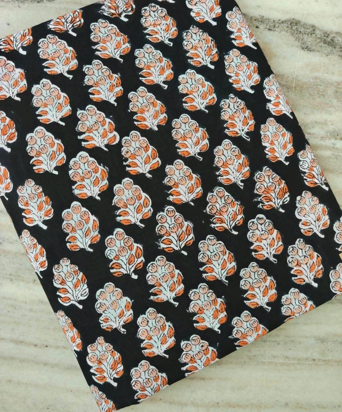 Black Cotton Fabric with Orange Floral Print, Block Print Cotton Fabric, Indian Floral Textile, Quilting & Sewing Fabric, Dressmaking Fabric