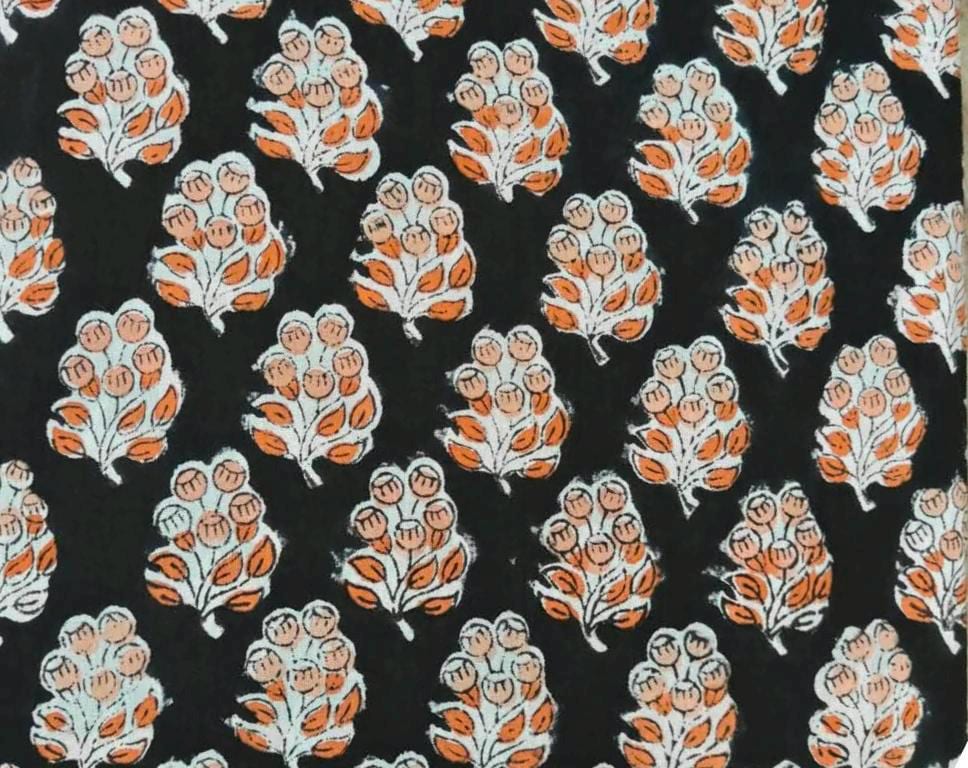 Black Cotton Fabric with Orange Floral Print, Block Print Cotton Fabric, Indian Floral Textile, Quilting & Sewing Fabric, Dressmaking Fabric