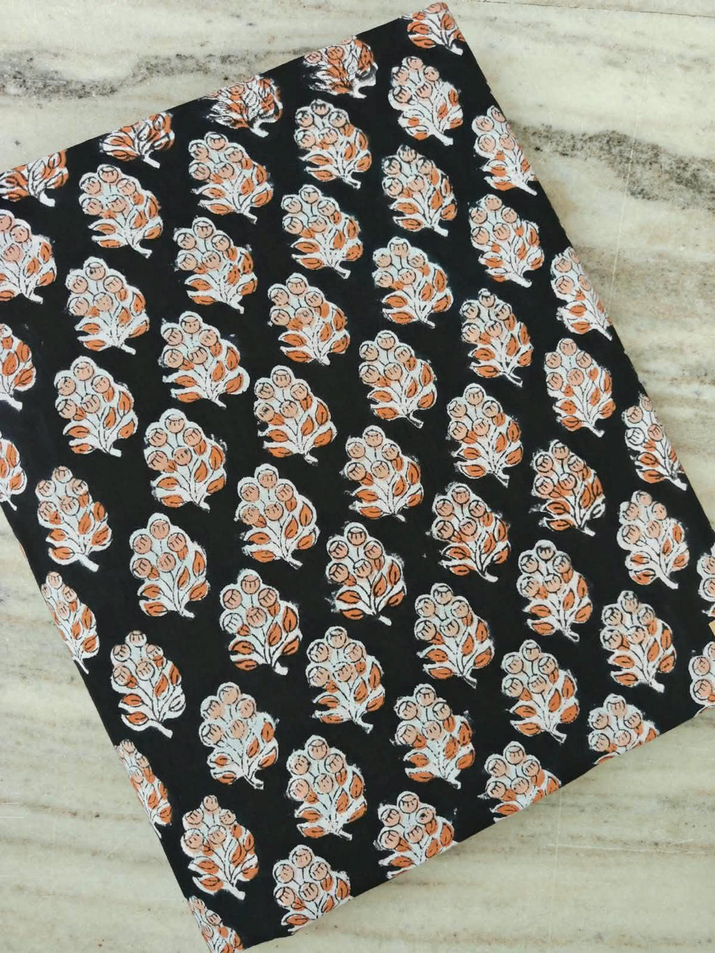 Black Cotton Fabric with Orange Floral Print, Block Print Cotton Fabric, Indian Floral Textile, Quilting & Sewing Fabric, Dressmaking Fabric
