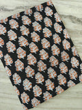 Black Cotton Fabric with Orange Floral Print, Block Print Cotton Fabric, Indian Floral Textile, Quilting & Sewing Fabric, Dressmaking Fabric