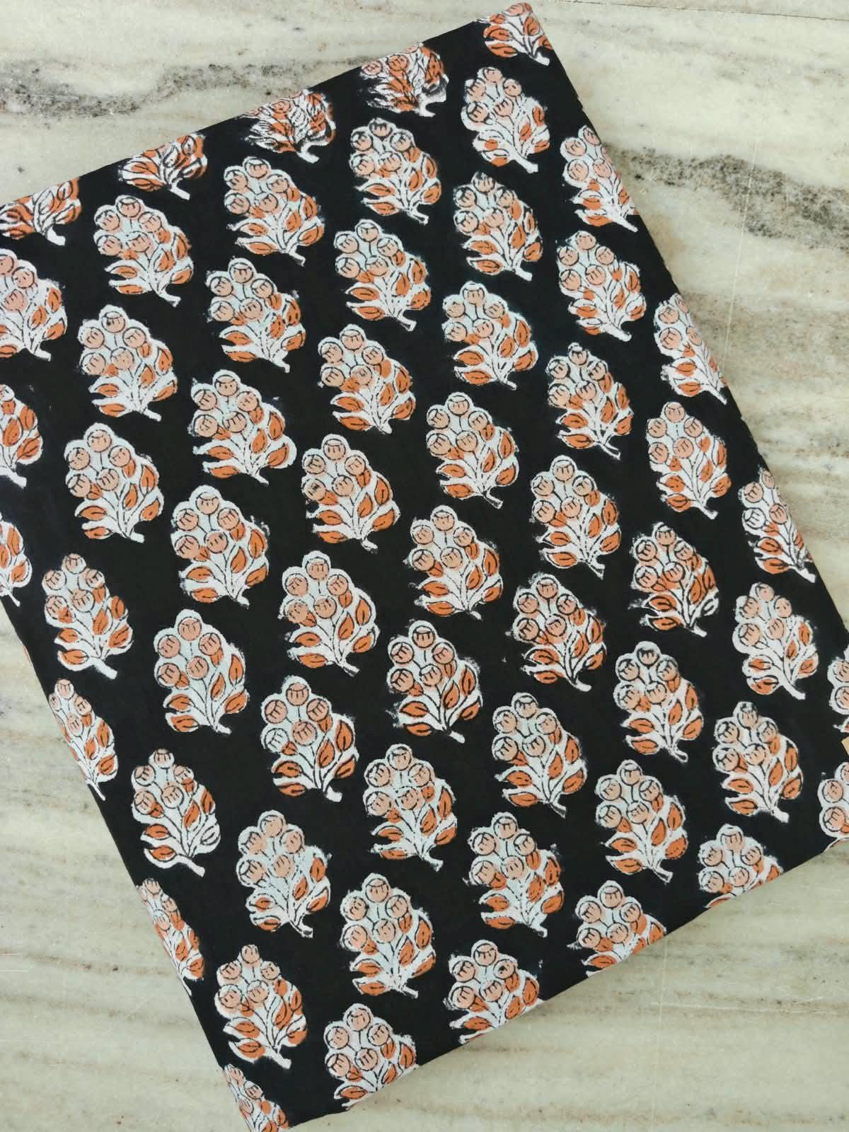 Black Cotton Fabric with Orange Floral Print, Block Print Cotton Fabric, Indian Floral Textile, Quilting & Sewing Fabric, Dressmaking Fabric
