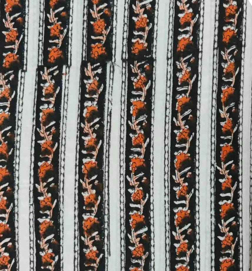 Black & White Floral Stripe Cotton Fabric | Orange Flower Print | Block Print Fabric | Indian Cotton Textile | Sewing Quilting Fabric