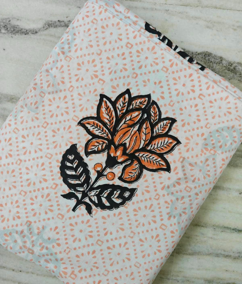 Peach Floral Hand Block Print Cotton Fabric | Traditional Indian Textile | Soft Cotton Dress Material | Sewing & Craft Fabric | Napkins