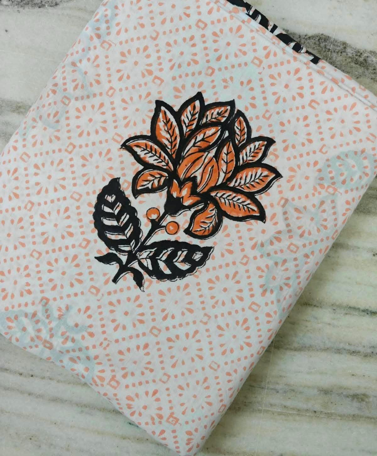 Peach Floral Hand Block Print Cotton Fabric | Traditional Indian Textile | Soft Cotton Dress Material | Sewing & Craft Fabric | Napkins