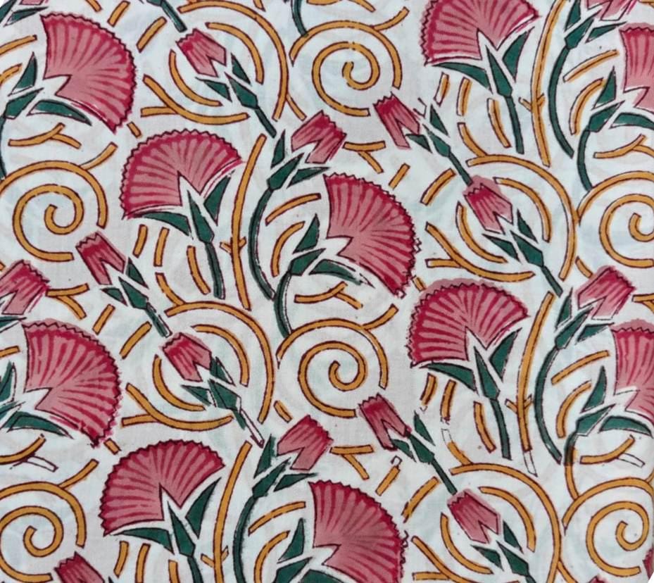 White Pink Floral Cotton Fabric | Rose Flower Print | Mustard Green Botanical Print | Indian Textile | Sewing & Dressmaking Fabric