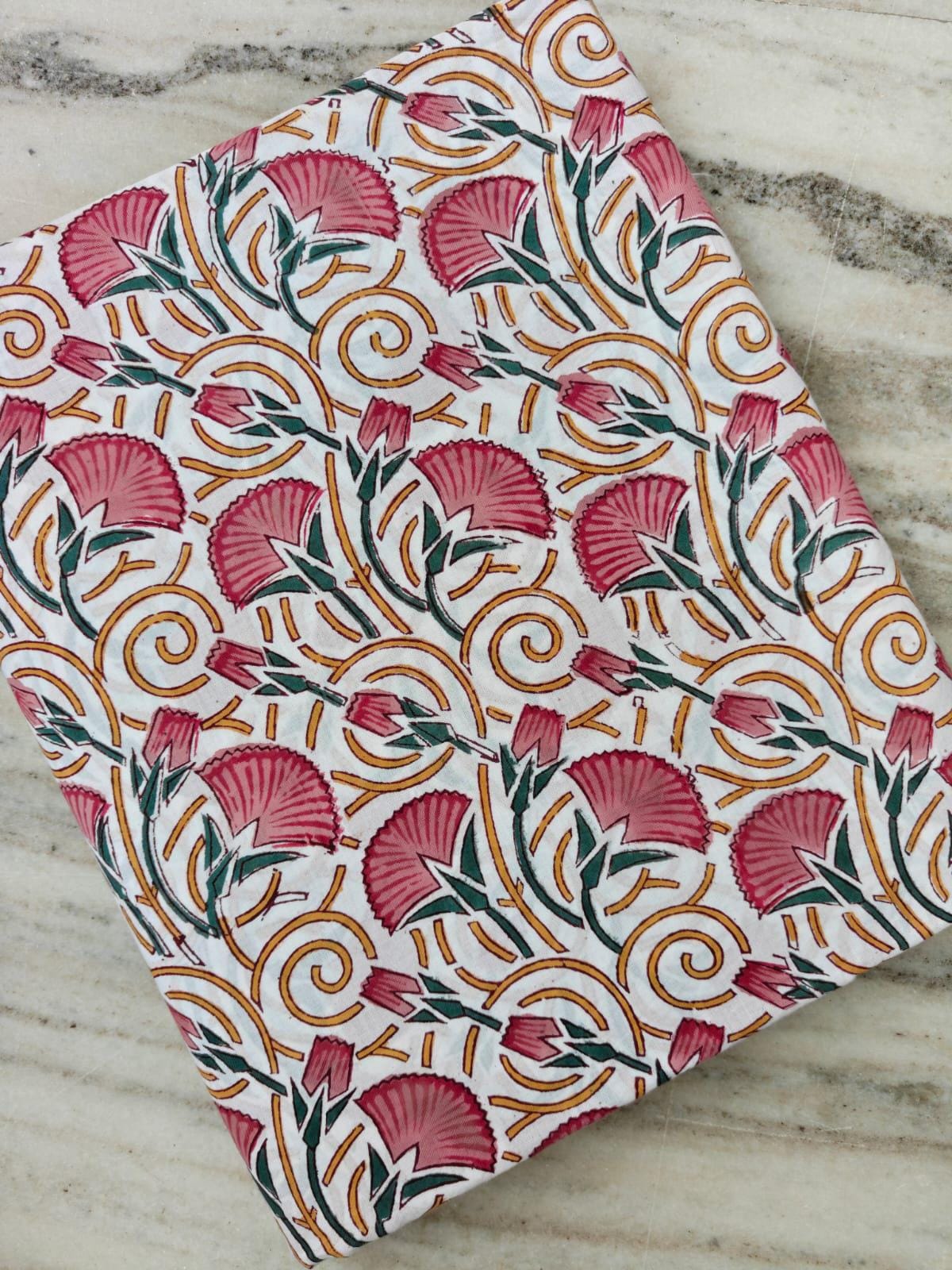 White Pink Floral Cotton Fabric | Rose Flower Print | Mustard Green Botanical Print | Indian Textile | Sewing & Dressmaking Fabric
