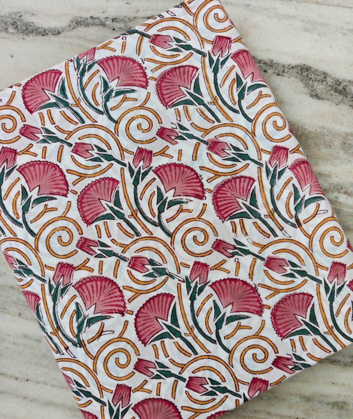 White Pink Floral Cotton Fabric | Rose Flower Print | Mustard Green Botanical Print | Indian Textile | Sewing & Dressmaking Fabric