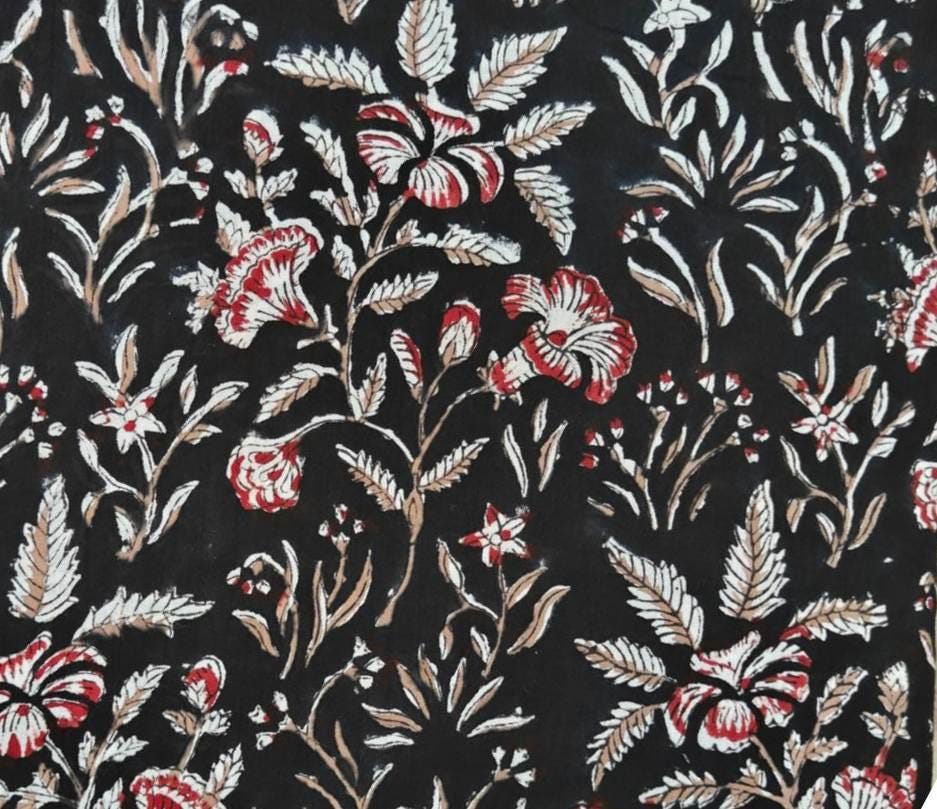 Black Floral Cotton Fabric | Red White Botanical Print | Vintage Floral Textile | Indian Cotton Fabric | Sewing Dressmaking Fabric