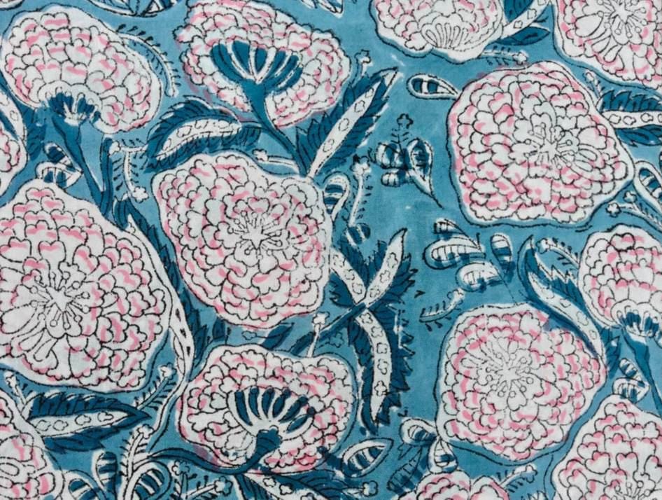 Blue Cotton Fabric with Pink Floral Block Print | Indian Hand Block Print Fabric | Floral Cotton Textile | Sewing Quilting Fabric