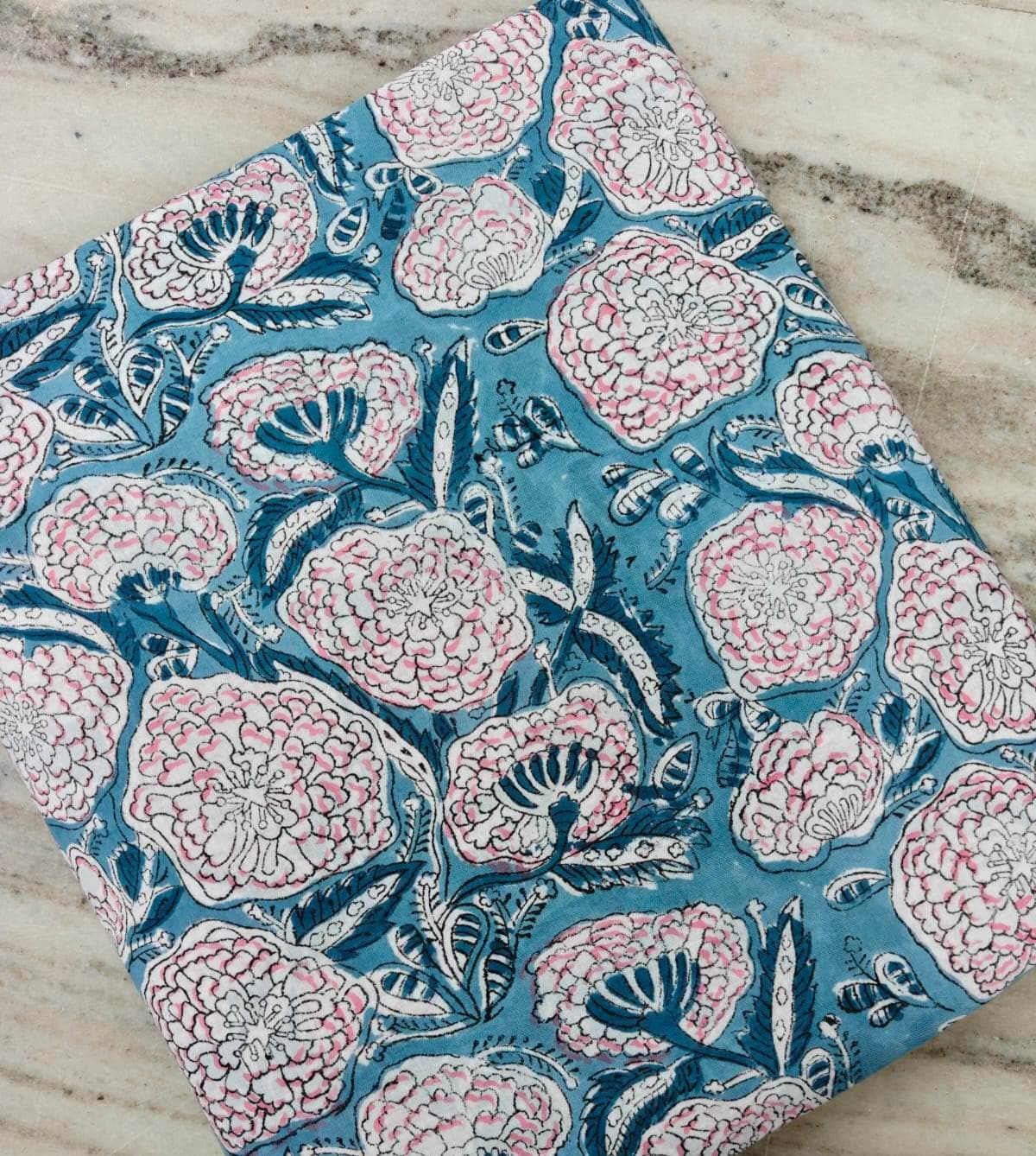 Blue Cotton Fabric with Pink Floral Block Print | Indian Hand Block Print Fabric | Floral Cotton Textile | Sewing Quilting Fabric
