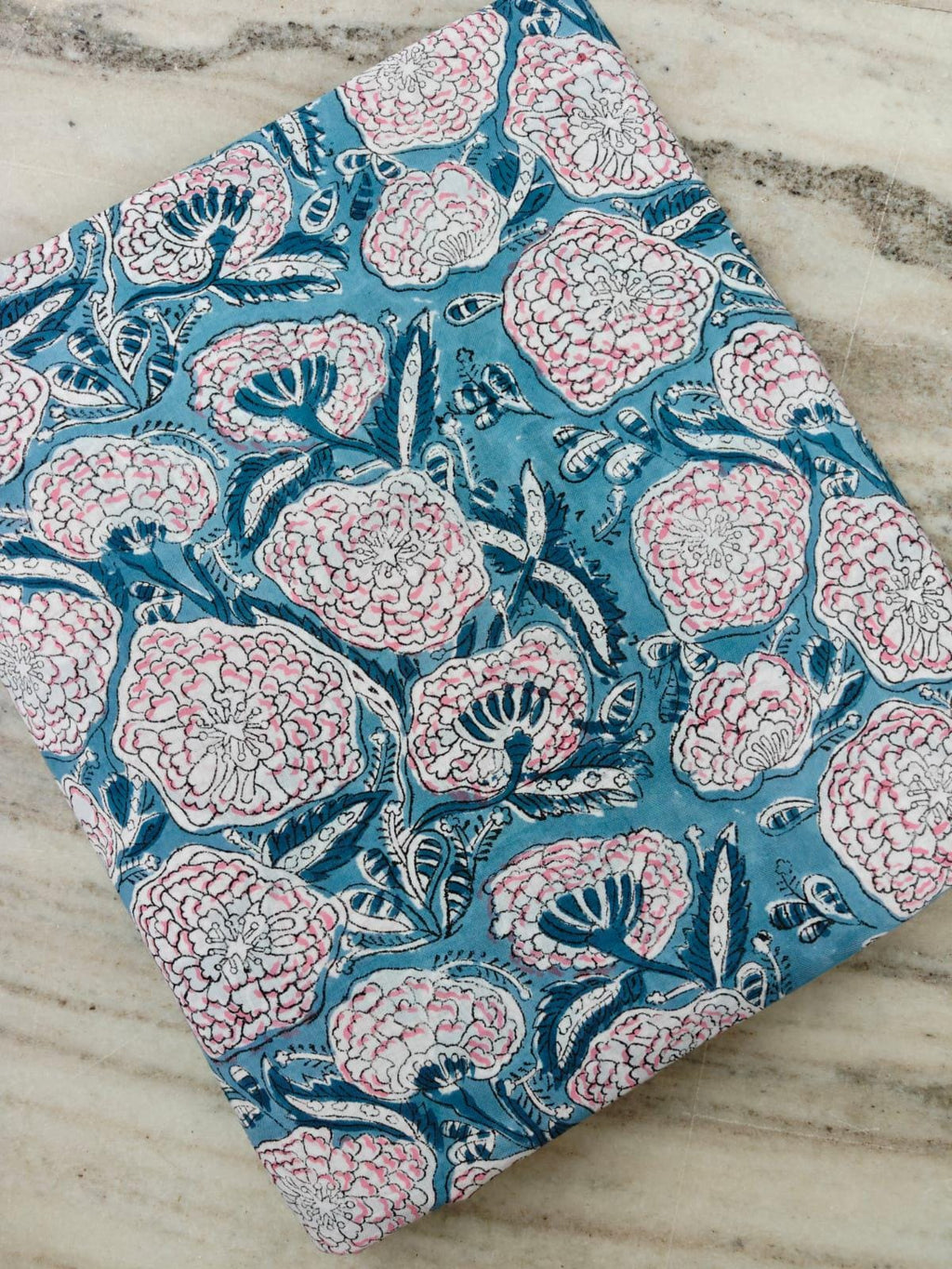 Blue Cotton Fabric with Pink Floral Block Print | Indian Hand Block Print Fabric | Floral Cotton Textile | Sewing Quilting Fabric