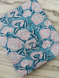 Blue Cotton Fabric with Pink Floral Block Print | Indian Hand Block Print Fabric | Floral Cotton Textile | Sewing Quilting Fabric
