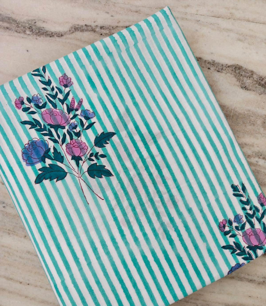 Turquoise Blue Cotton Fabric with Floral Stripe Print | Indian Cotton Fabric | Pink Blue Floral Textile | Sewing Quilting Craft Fabric