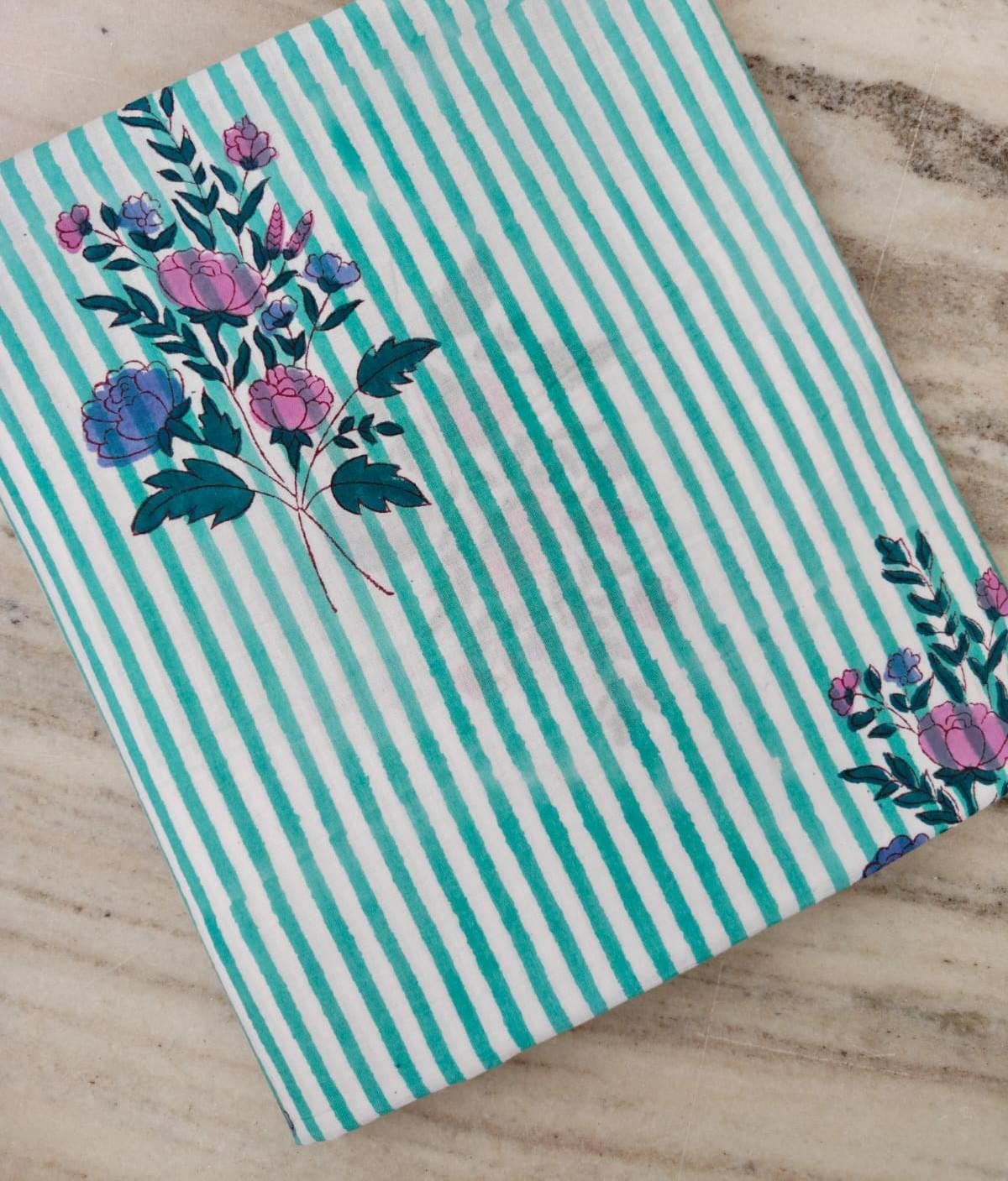 Turquoise Blue Cotton Fabric with Floral Stripe Print | Indian Cotton Fabric | Pink Blue Floral Textile | Sewing Quilting Craft Fabric