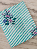 Turquoise Blue Cotton Fabric with Floral Stripe Print | Indian Cotton Fabric | Pink Blue Floral Textile | Sewing Quilting Craft Fabric