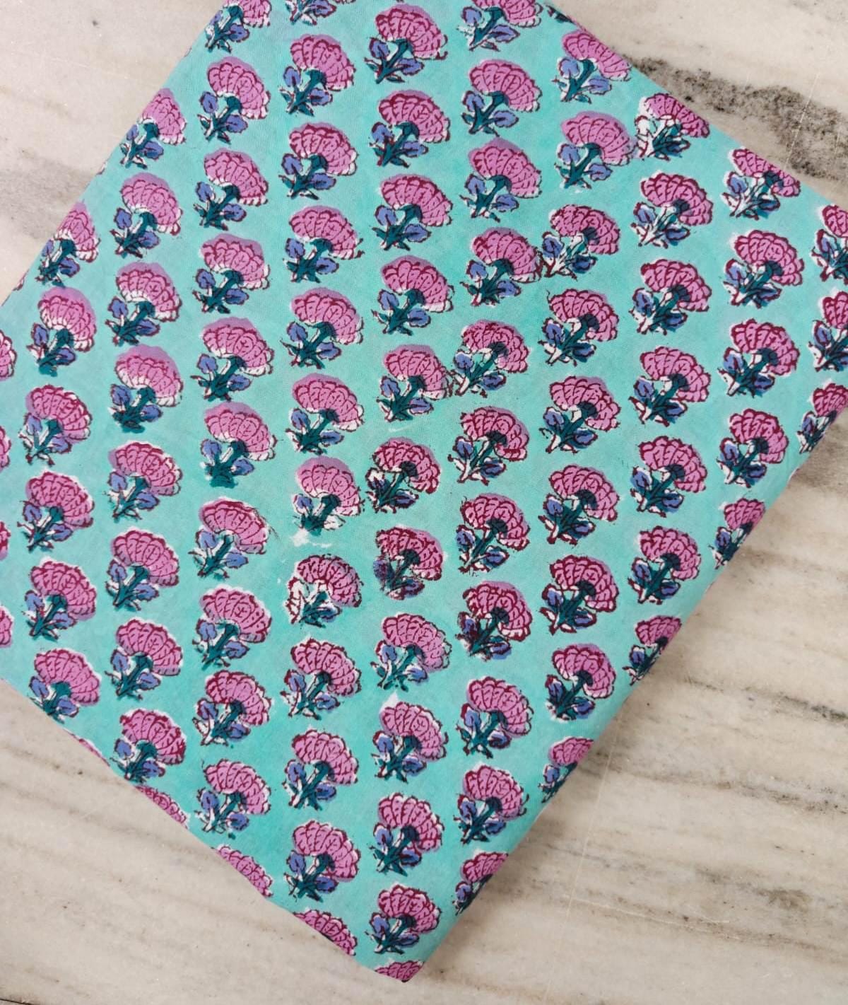 Aqua Blue Cotton Fabric with Pink Floral Block Print | Indian Cotton Fabric | Small Floral Print Fabric | Sewing Quilting Craft Fabric