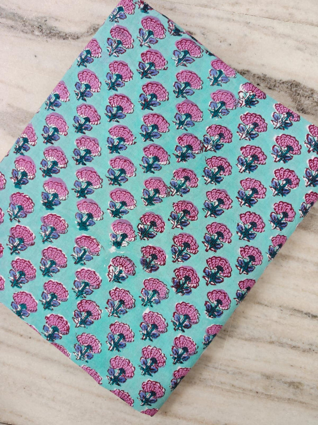 Aqua Blue Cotton Fabric with Pink Floral Block Print | Indian Cotton Fabric | Small Floral Print Fabric | Sewing Quilting Craft Fabric