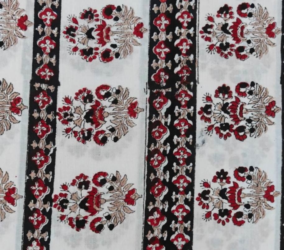 100% Cotton Floral Fabric, Red Black Beige Print on Off White, Floral Indian Floral Stripe Fabric, Cotton Dressmaking Fabric, Running Napkin