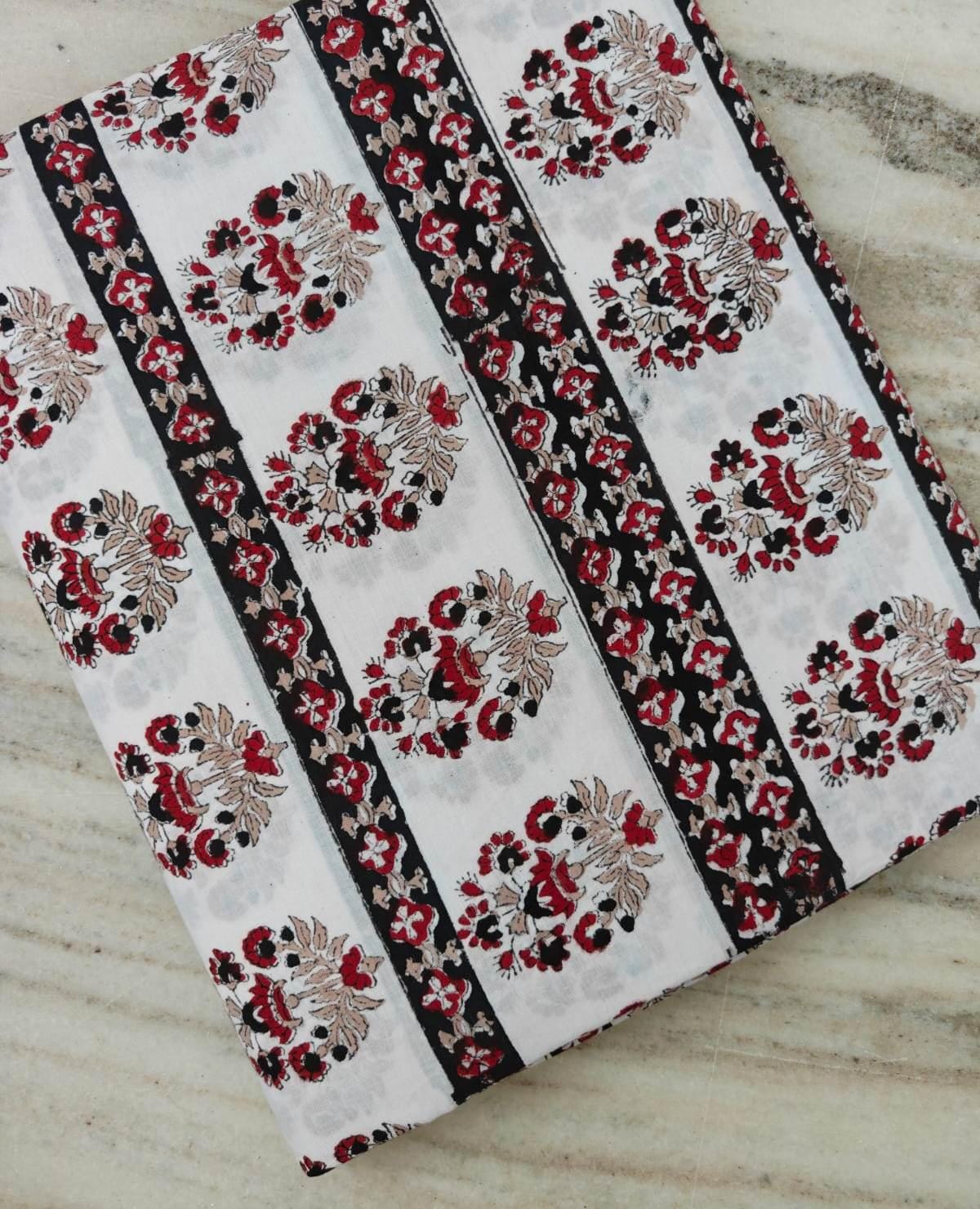 100% Cotton Floral Fabric, Red Black Beige Print on Off White, Floral Indian Floral Stripe Fabric, Cotton Dressmaking Fabric, Running Napkin