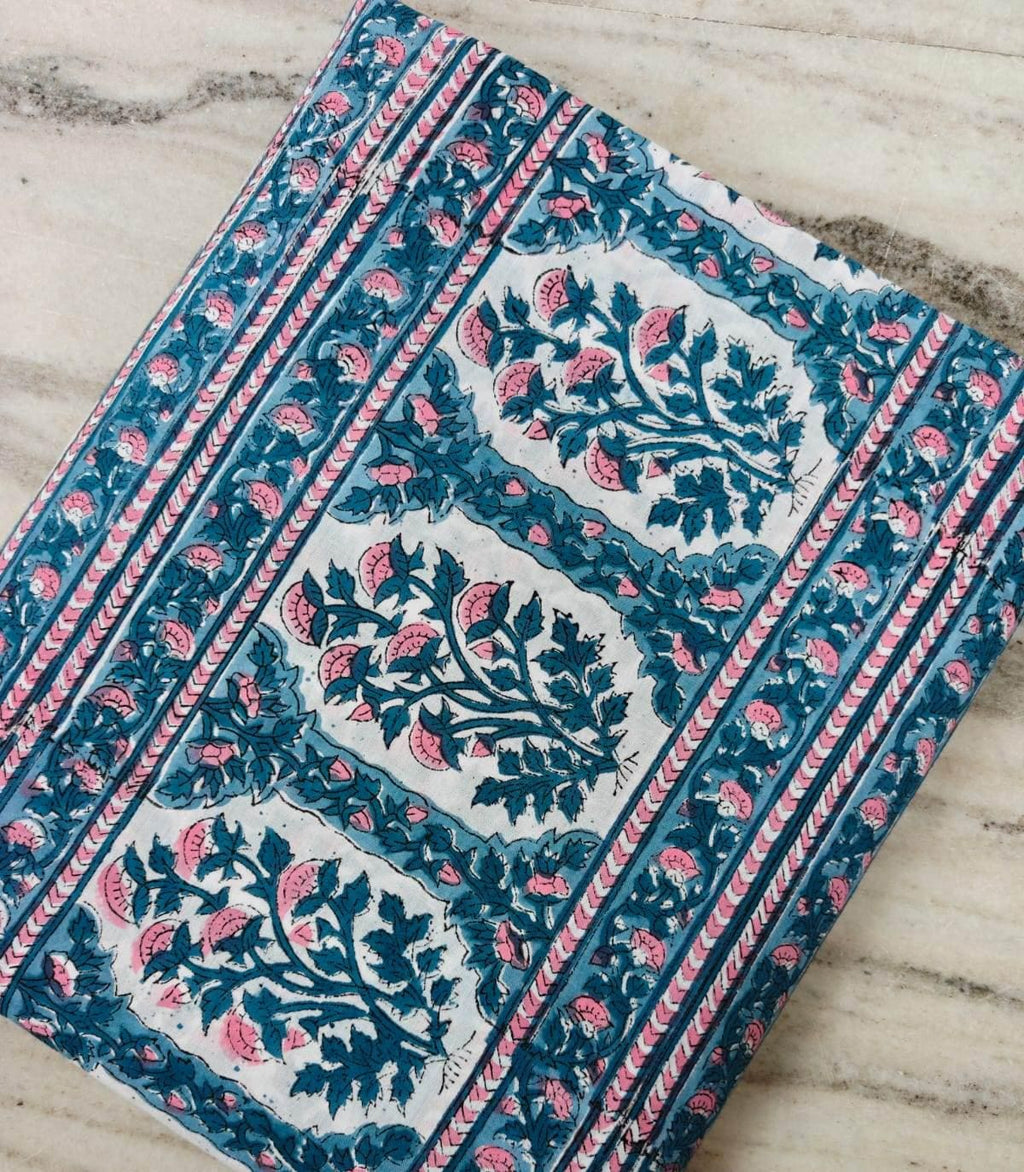 100% Cotton Floral Fabric, Blue Pink Block Print Fabric, Indian Cotton Textile, Floral Stripe Fabric, Dressmaking Sewing Fabric, Napkins