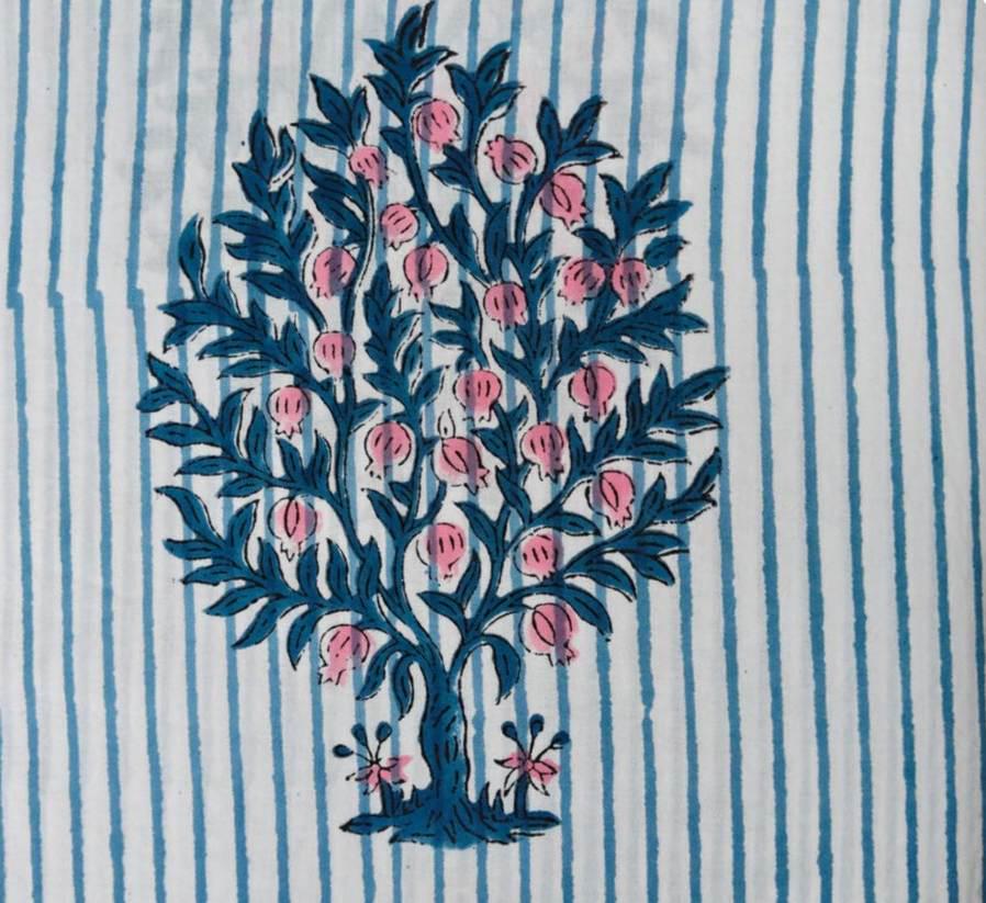 Cotton Floral Fabric, Blue Stripe Pink Flower Print, Indian Block Print Cotton, Botanical Fabric, Dressmaking Sewing Fabric, Napkins