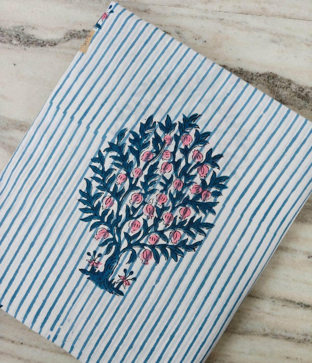 Cotton Floral Fabric, Blue Stripe Pink Flower Print, Indian Block Print Cotton, Botanical Fabric, Dressmaking Sewing Fabric, Napkins