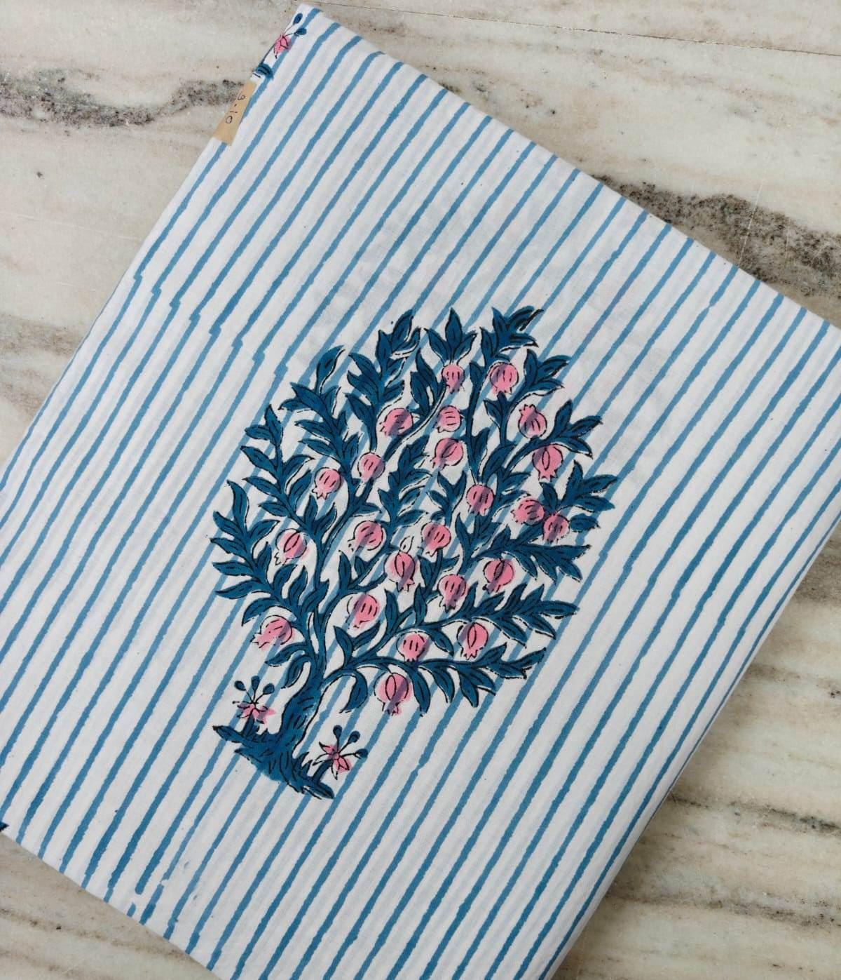 Cotton Floral Fabric, Blue Stripe Pink Flower Print, Indian Block Print Cotton, Botanical Fabric, Dressmaking Sewing Fabric, Napkins
