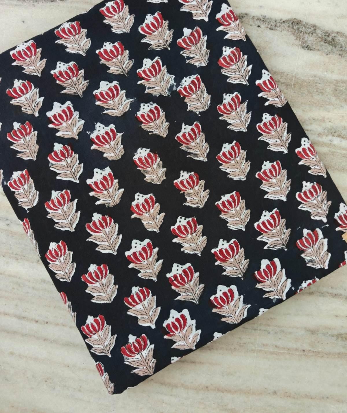 Black Cotton Fabric with Red Floral Block Print | Indian Cotton Fabric | Floral Cotton Textile | Sewing Fabric | Dressmaking Fabric