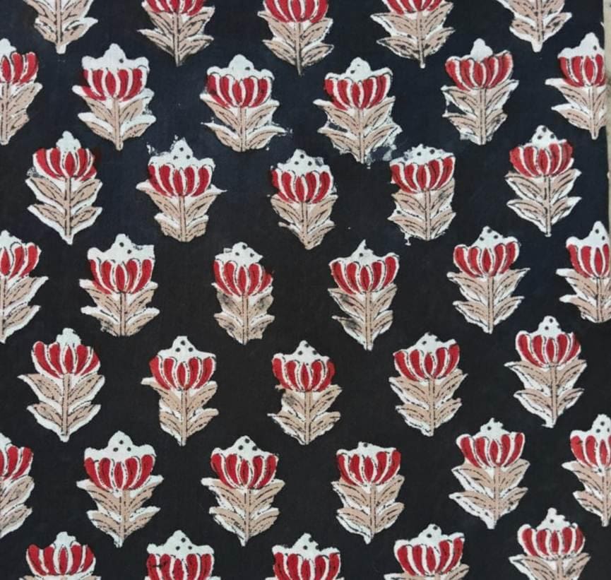 Black Cotton Fabric with Red Floral Block Print | Indian Cotton Fabric | Floral Cotton Textile | Sewing Fabric | Dressmaking Fabric