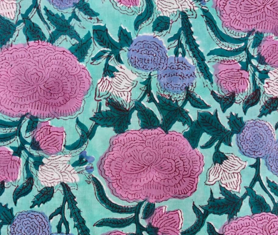 Turquoise Floral Cotton Fabric with Pink & Purple Flowers | Indian Cotton Fabric | Floral Print Textile | Sewing Dressmaking Fabric | Napkin