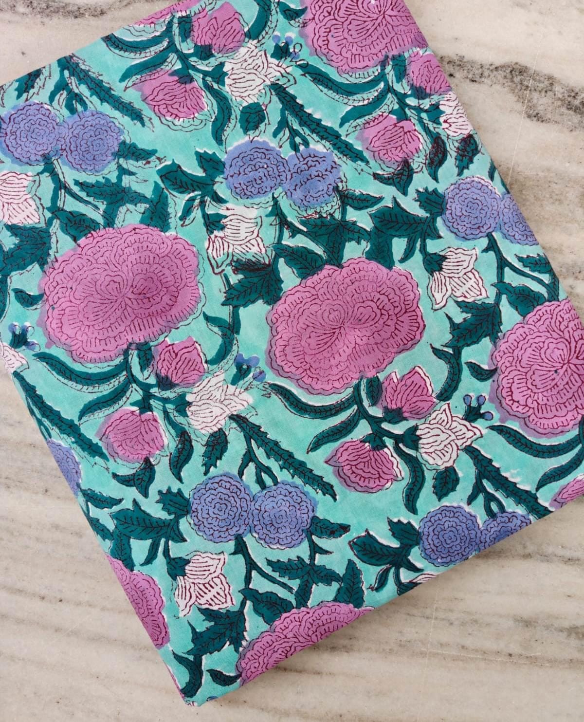 Turquoise Floral Cotton Fabric with Pink & Purple Flowers | Indian Cotton Fabric | Floral Print Textile | Sewing Dressmaking Fabric | Napkin