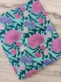 Turquoise Floral Cotton Fabric with Pink & Purple Flowers | Indian Cotton Fabric | Floral Print Textile | Sewing Dressmaking Fabric | Napkin