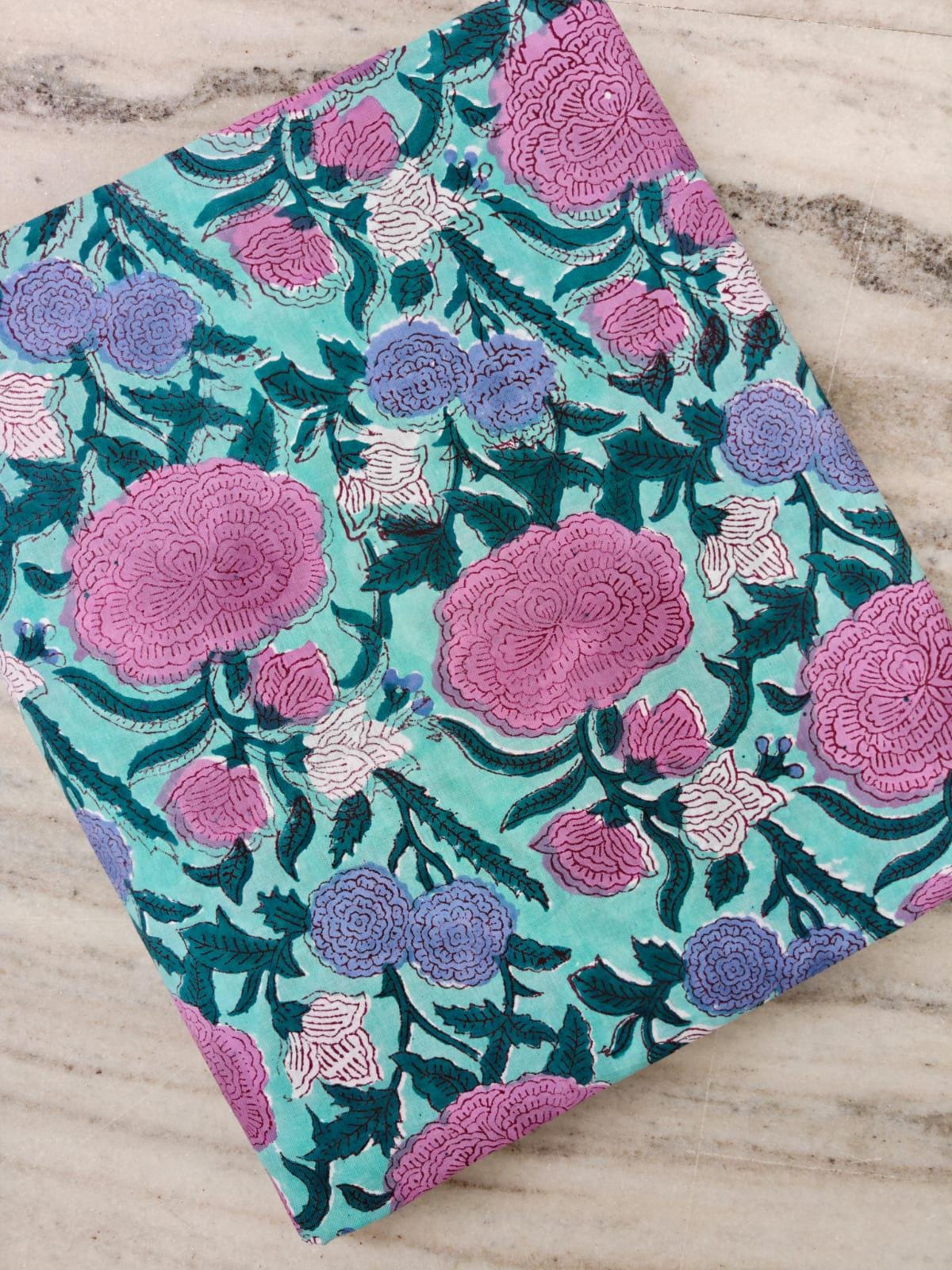 Turquoise Floral Cotton Fabric with Pink & Purple Flowers | Indian Cotton Fabric | Floral Print Textile | Sewing Dressmaking Fabric | Napkin