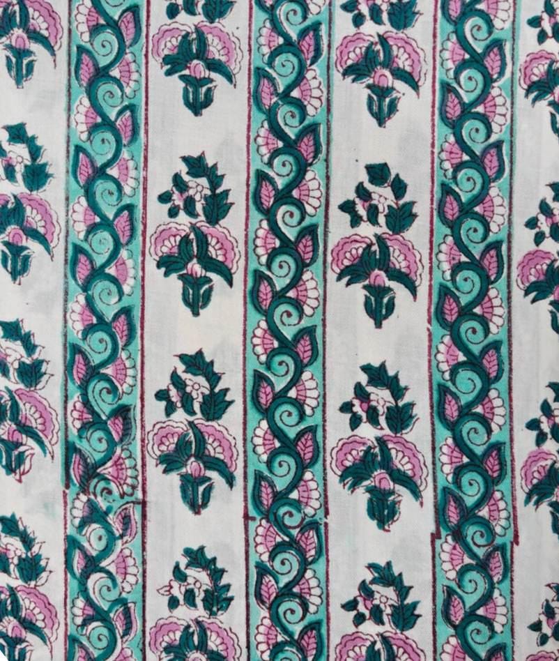 White Cotton Fabric with Teal & Pink Floral Vine Print | Indian Cotton Fabric | Floral Block Print Textile | Sewing  Dressmaking Fabric