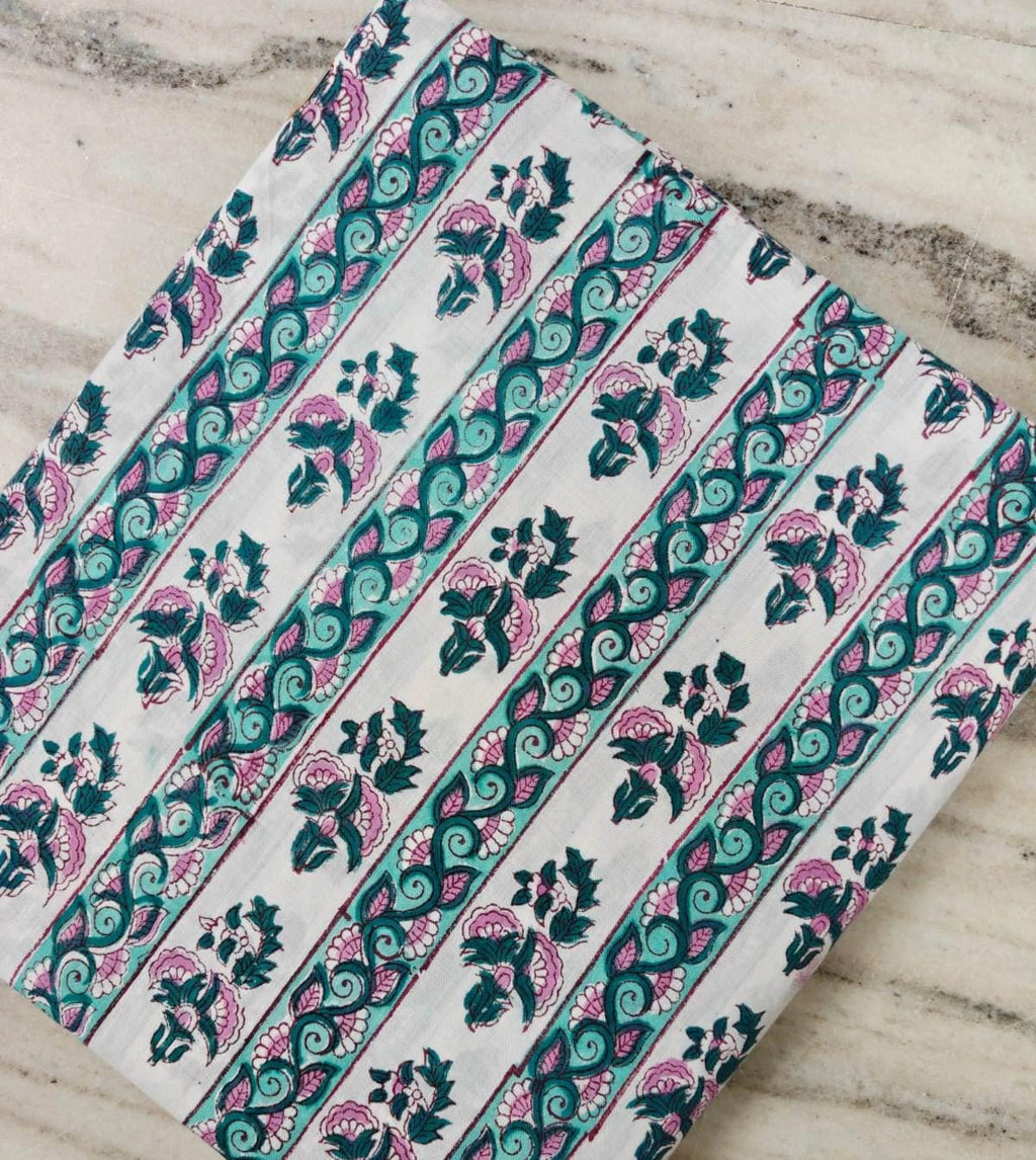 White Cotton Fabric with Teal & Pink Floral Vine Print | Indian Cotton Fabric | Floral Block Print Textile | Sewing  Dressmaking Fabric