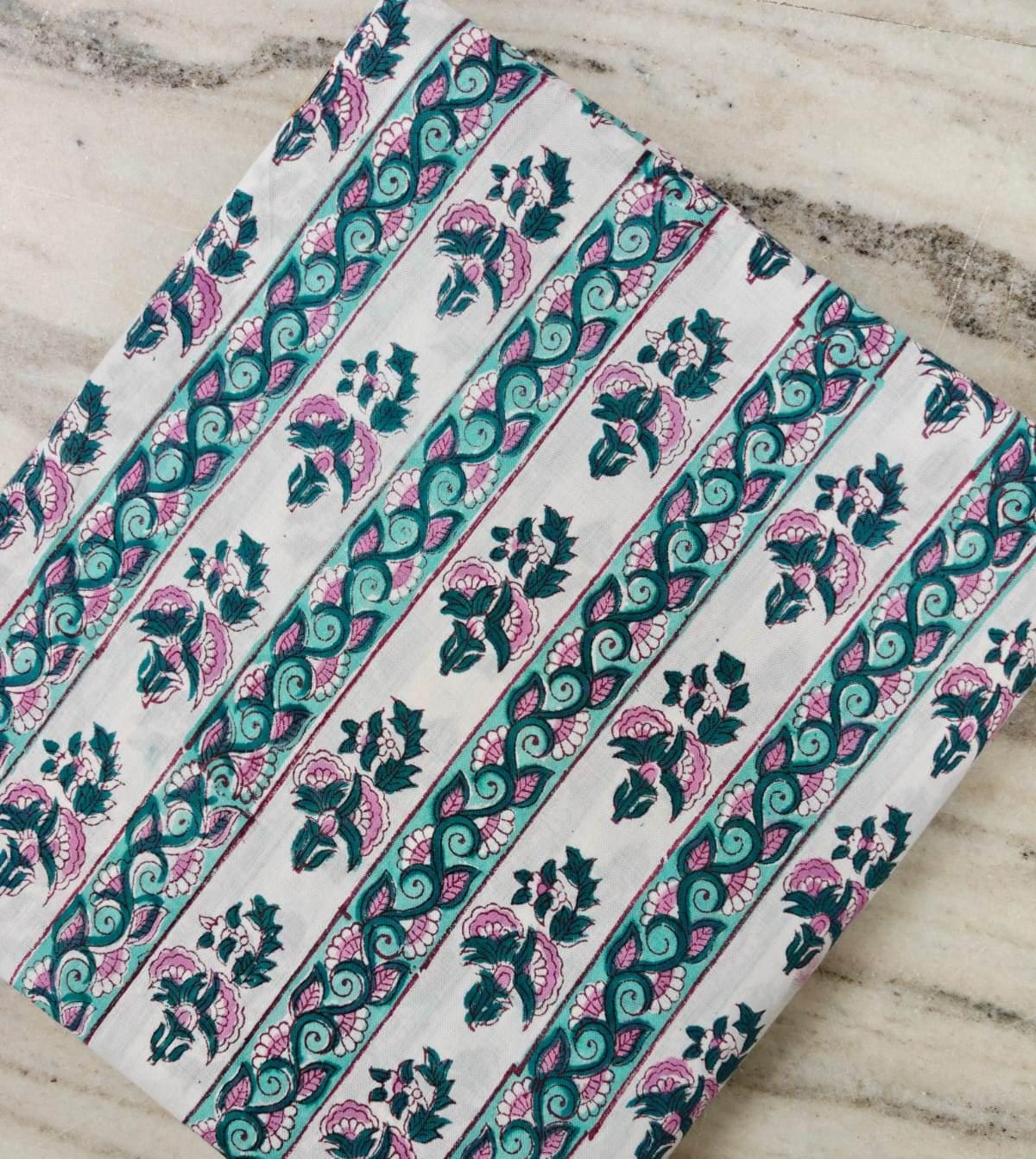 White Cotton Fabric with Teal & Pink Floral Vine Print | Indian Cotton Fabric | Floral Block Print Textile | Sewing  Dressmaking Fabric