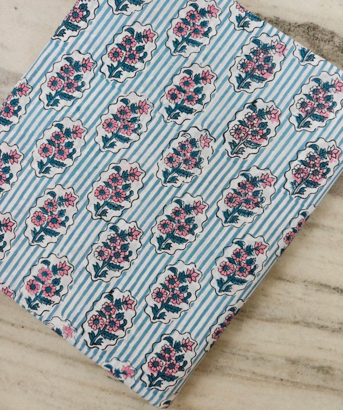Blue Floral Cotton Fabric | Pink Flower Print Fabric | Striped Cotton Fabric | Indian Block Print Fabric | Quilting & Sewing Fabric