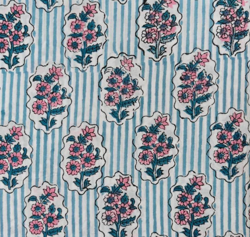 Blue Floral Cotton Fabric | Pink Flower Print Fabric | Striped Cotton Fabric | Indian Block Print Fabric | Quilting & Sewing Fabric