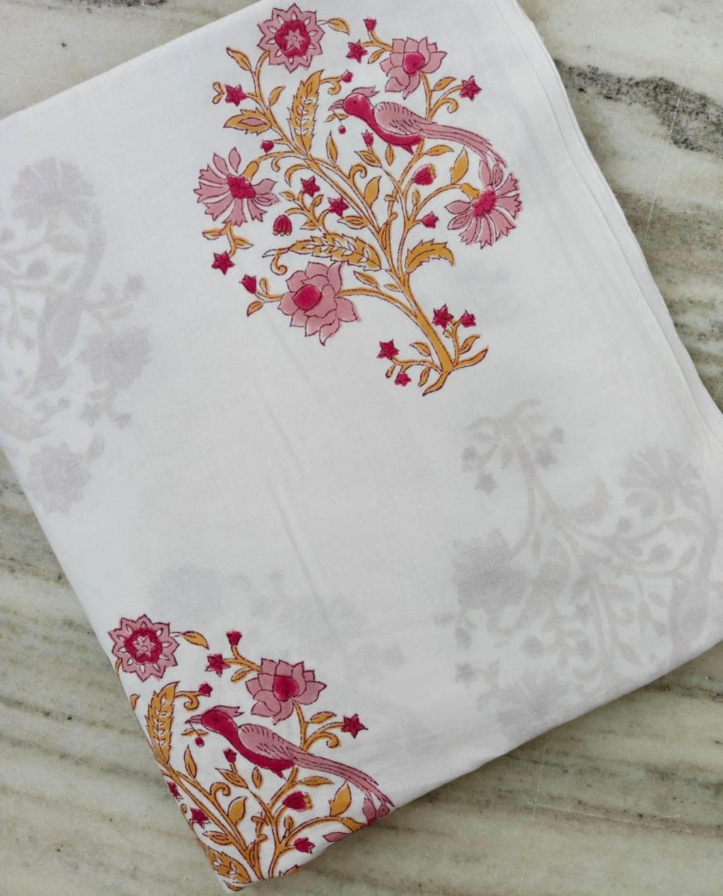 White Cotton Fabric with Bird & Floral Print | Pink Botanical Cotton Fabric | Indian Block Print Textile | Floral Sewing  Quilting Fabric