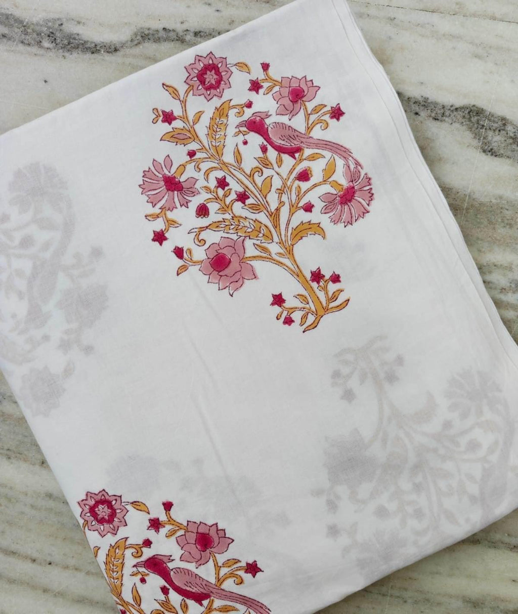 White Cotton Fabric with Bird & Floral Print | Pink Botanical Cotton Fabric | Indian Block Print Textile | Floral Sewing  Quilting Fabric