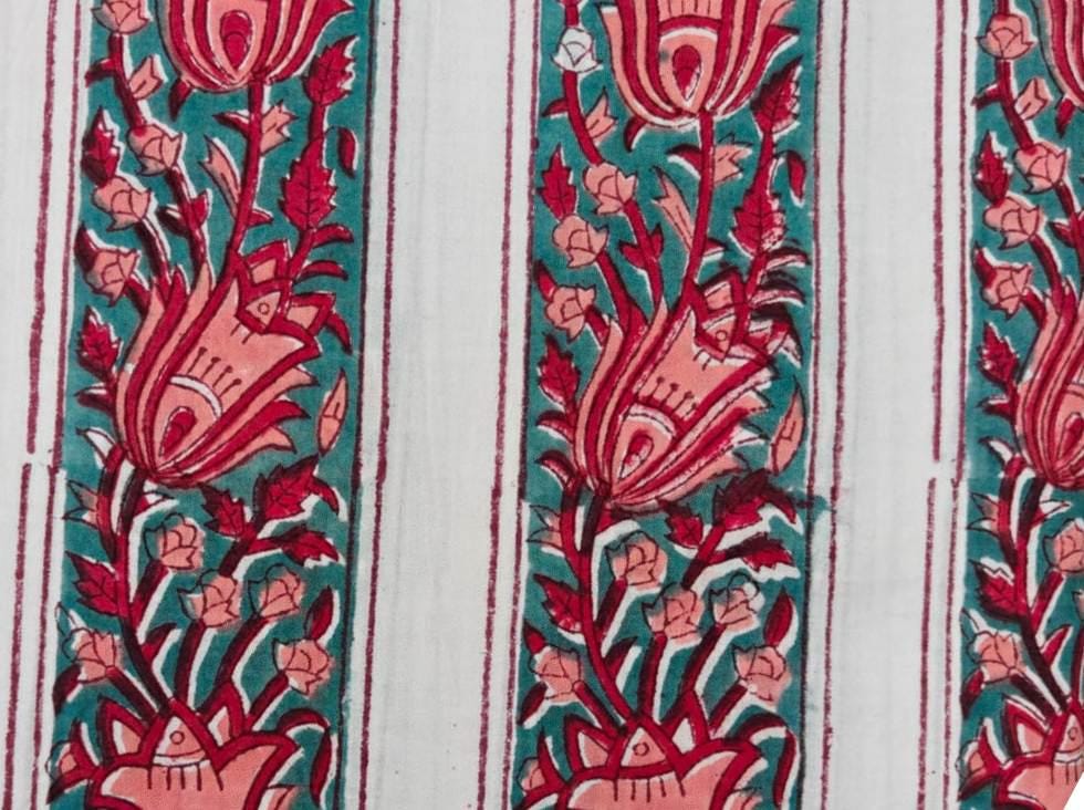 Teal Floral Cotton Fabric | Pink Tulip Block Print Fabric | Indian Cotton Textile | Striped Floral Fabric | Sewing & Quilting Fabric
