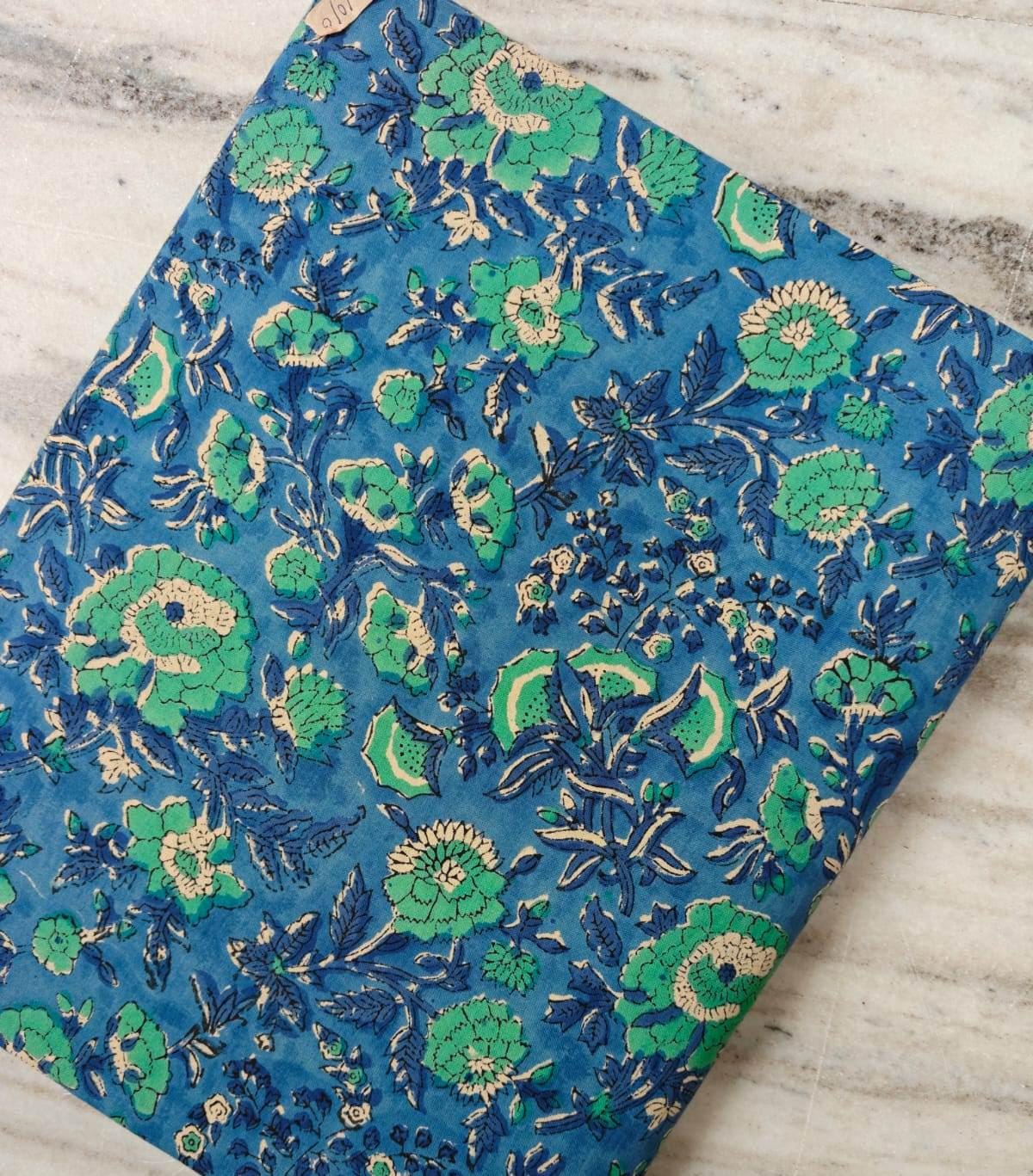Blue Green Floral Cotton Fabric, Indian Block Print Fabric, Botanical Cotton Textile, Hand Block Style Fabric, Sewing & Quilting Fabric