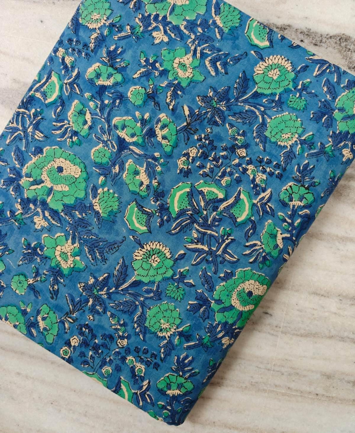 Blue Green Floral Cotton Fabric, Indian Block Print Fabric, Botanical Cotton Textile, Hand Block Style Fabric, Sewing & Quilting Fabric