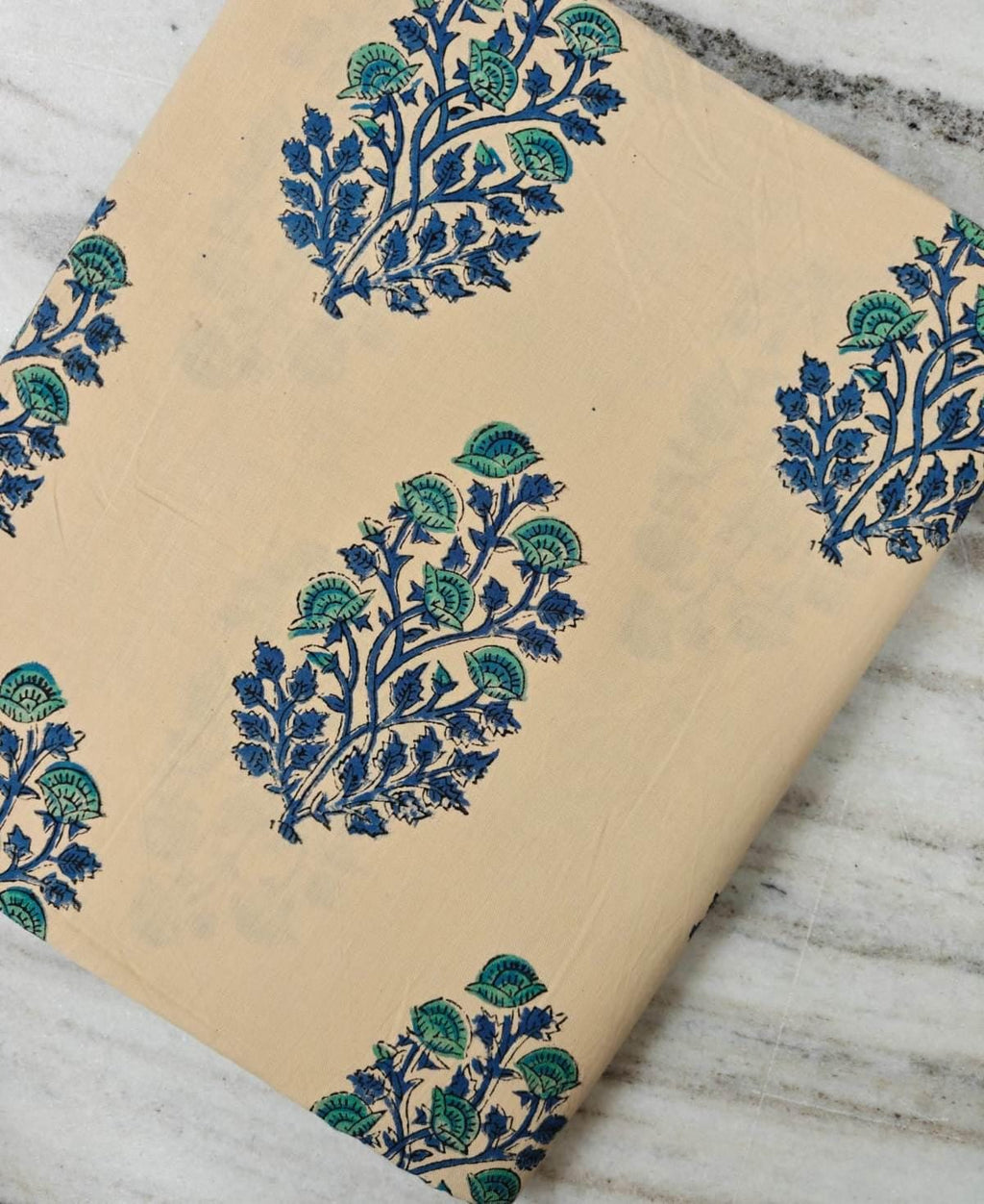 Beige Blue Green Floral Cotton Fabric, Indian Block Print Fabric, Botanical Hand Block Cotton, Traditional Textile, Sewing & Quilting Fabric