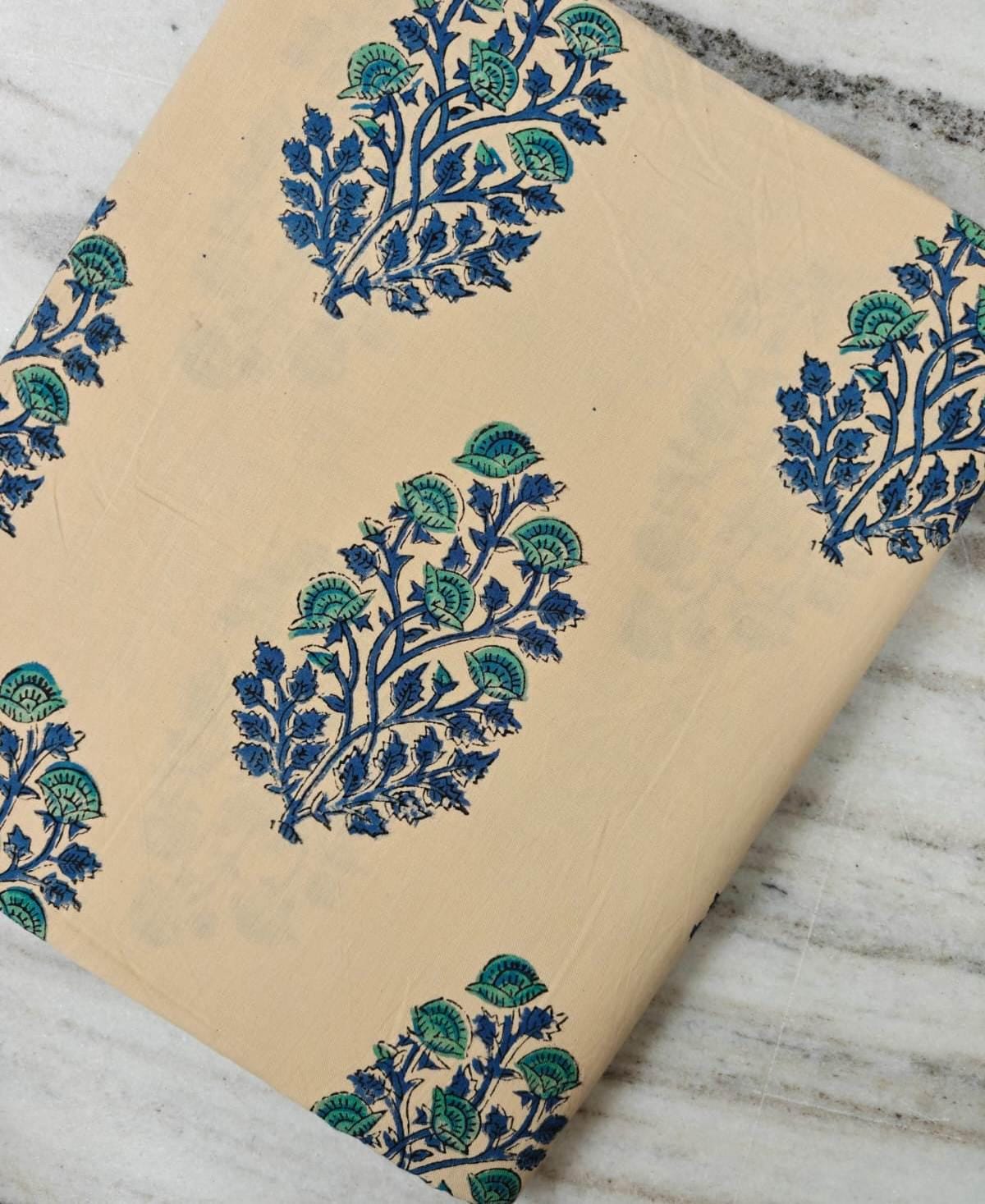 Beige Blue Green Floral Cotton Fabric, Indian Block Print Fabric, Botanical Hand Block Cotton, Traditional Textile, Sewing & Quilting Fabric