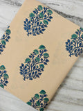 Beige Blue Green Floral Cotton Fabric, Indian Block Print Fabric, Botanical Hand Block Cotton, Traditional Textile, Sewing & Quilting Fabric