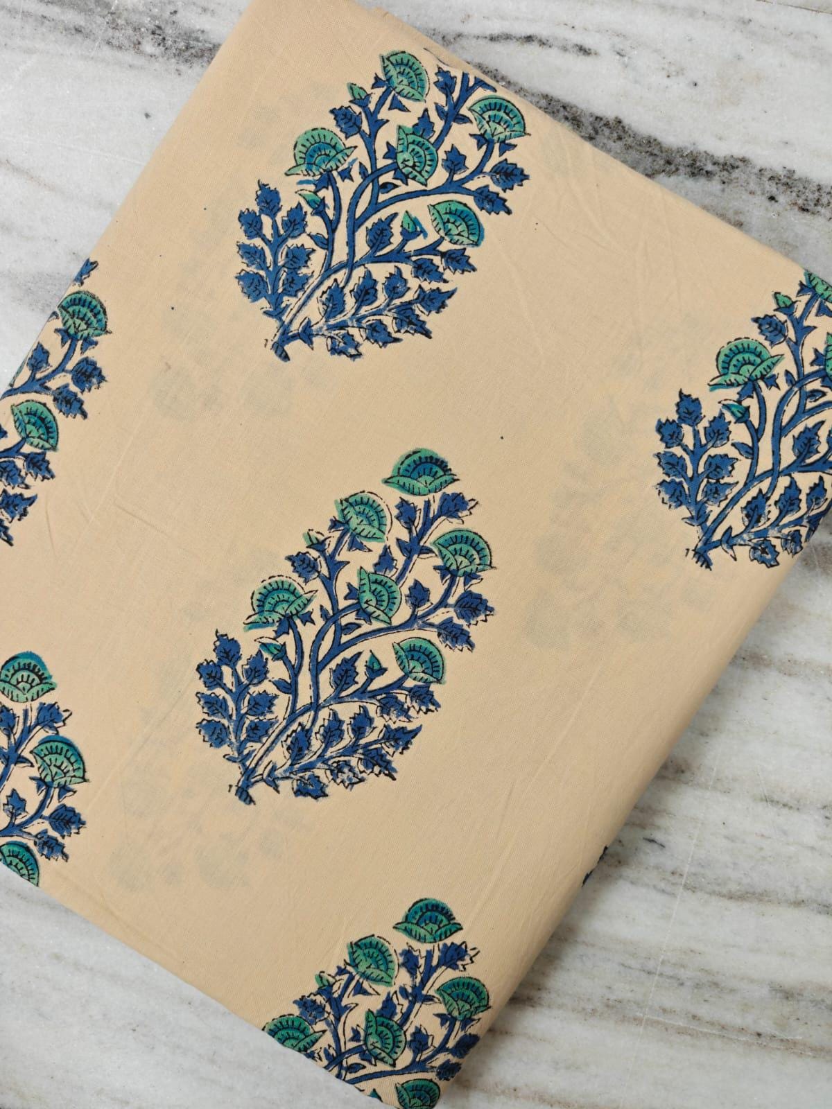 Beige Blue Green Floral Cotton Fabric, Indian Block Print Fabric, Botanical Hand Block Cotton, Traditional Textile, Sewing & Quilting Fabric