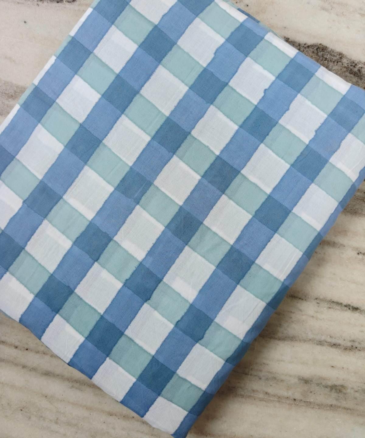 Blue Green Gingham Cotton Fabric, Plaid Checkered Fabric by the Yard, Pastel Blue Cotton Textile, Sewing & Quilting Loose Running Fabric