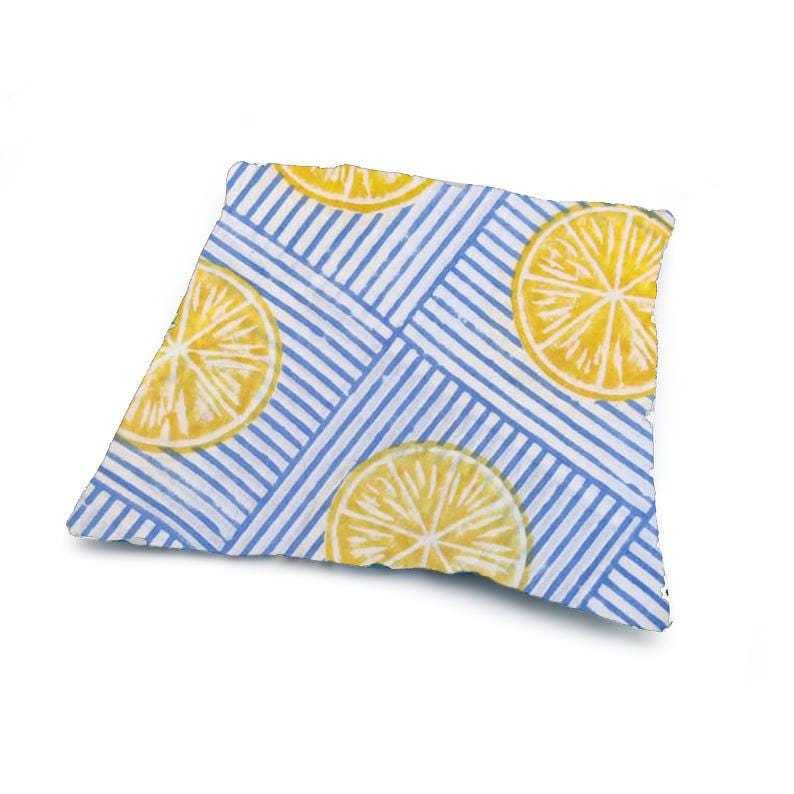 Blue Lemon Slice Cotton Cushion Cover, Yellow Citrus Hand Block Print Pillow Cover, Blue White Striped Throw Pillow, Indian Home Decor