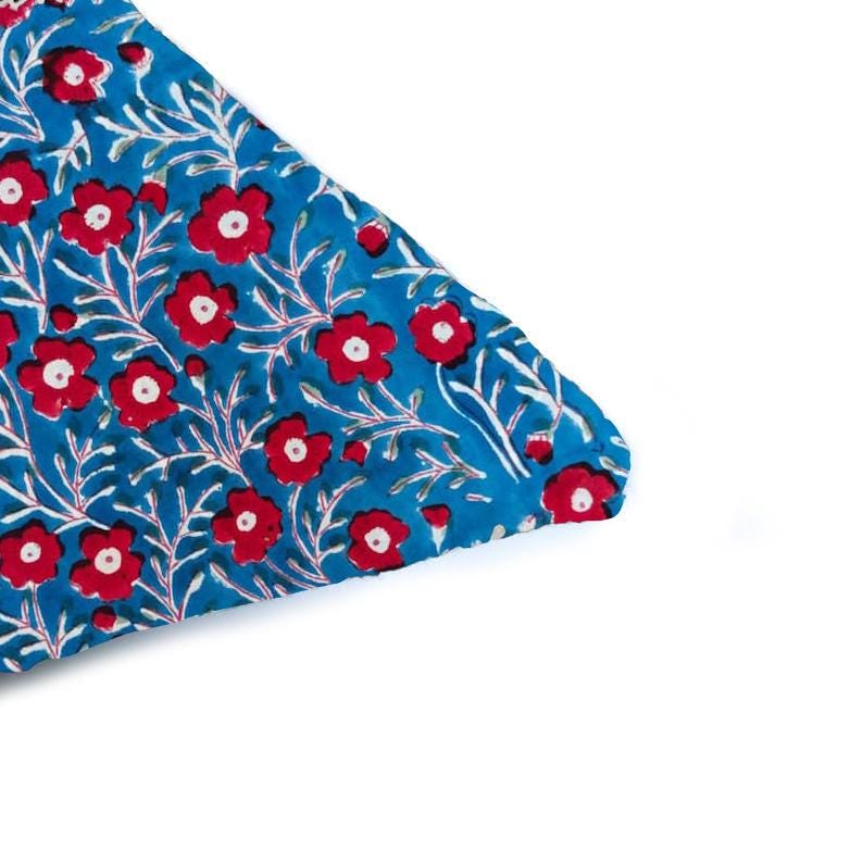 Blue Floral Cotton Cushion Cover Red Flower Hand Block Print Pillow Cover Indian Boho Throw Pillow Decorative Sofa Cushion Farmhouse Decor